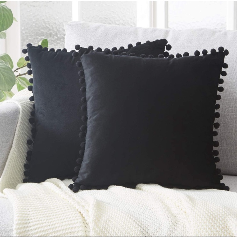 Classic Black Farmhouse Adorable Preppy Cute Pompom Throw Pillow Cover/Case Set